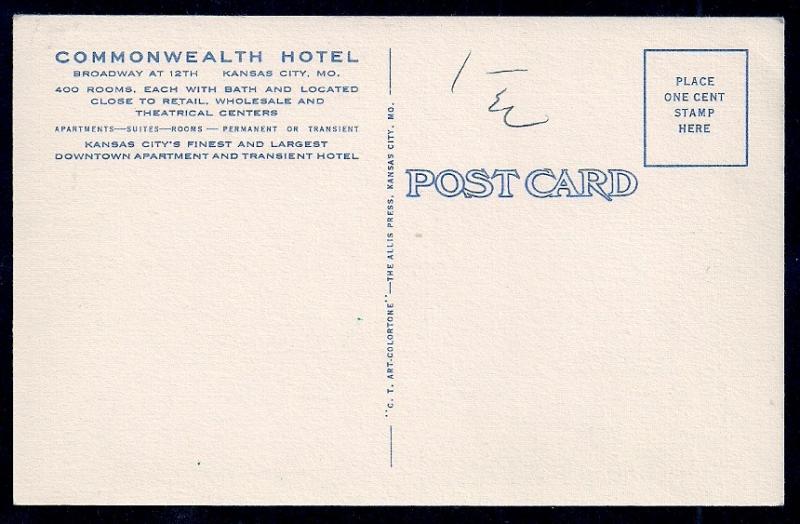 Commonwealth Hotel Kansas City KS unused c1937