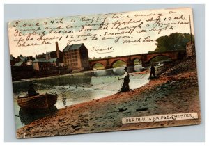 Vintage 1904 Postcard Fishing by Dee Mill & Bridge Chester Cheshire England