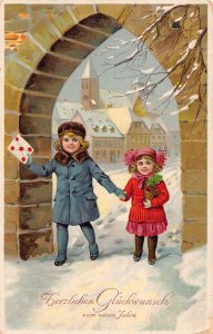 L192 New Year Greetings 1911 Children letter winter snow postcard