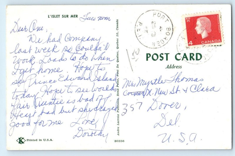 Port Borden Prince Edward Island Canada Postcard L'Islet Sur Mer c1950's