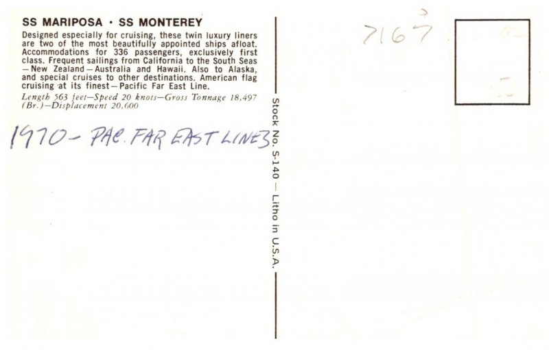 S.S. Mariposa S.S. Monterey  1970 Pacific Far East Lones