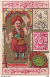 Trade Card (TC): Stamps & Boy with a letter , 1880-90s ; OTTOMAN EMPIRE