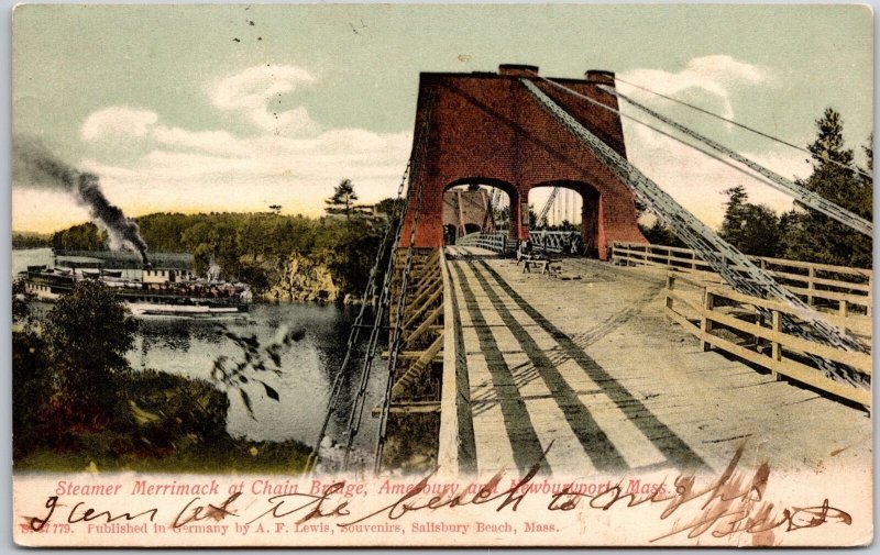 1909 Steamer Merrimack At Chain Bridge Newburyport Massachusetts Posted Postcard