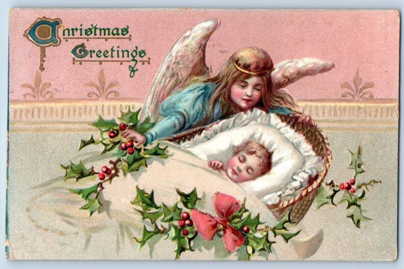 New Britain CT Postcard Christmas Greetings Angel Baby Sleeping Berries Tuck