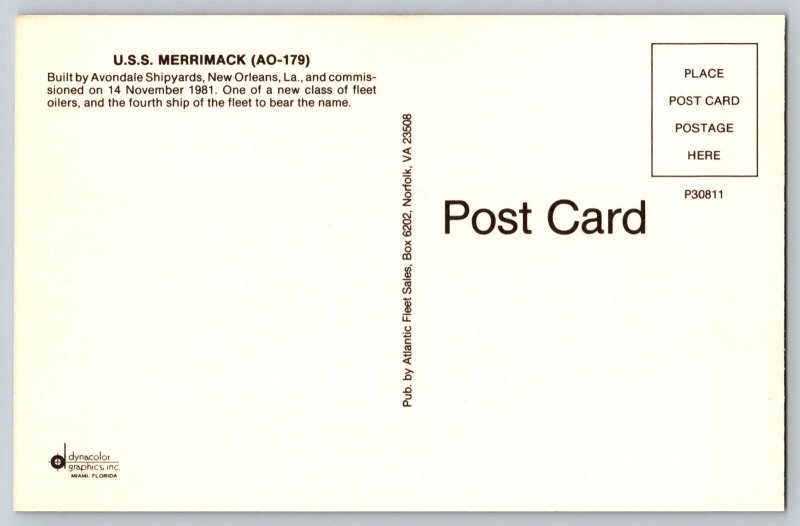 Postcards US Navy Ship - USS Merrimack - AO-179