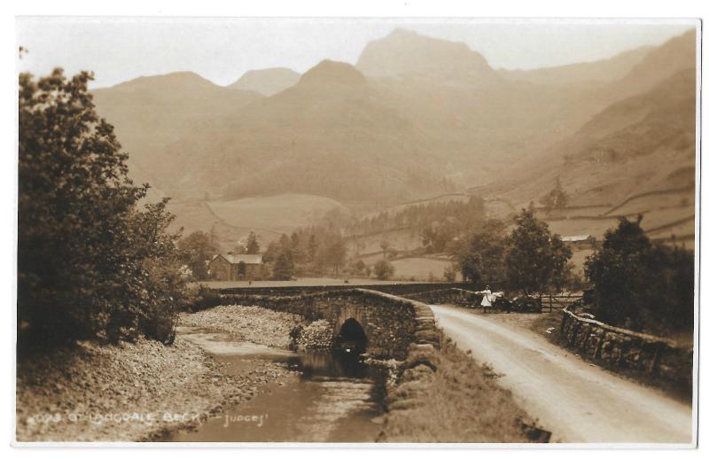 Langdale Beck RP PPC, Unposted by Judges, Interwar Sepia Landscape Bridge Lane