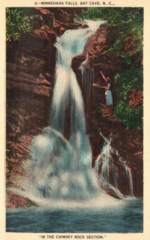 Vintage Postcard 1920's Minnehaha Falls in Chimney Rock Bat Cave North Carolina