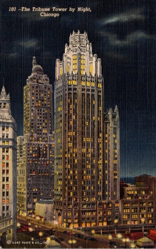 Illinois Chicago The Tribune Tower By Night 1942 Curteich