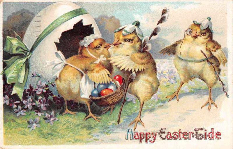 Happy Easter Tide dressed chicks dyed eggs monocle antique pc Y15269