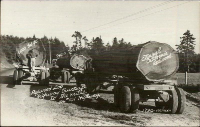 Logging Trucks Lumber Industry Highway 101 California Redwoods RPPC 