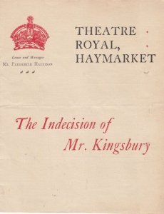 The Indecision Of Mr Kingsbury Old Comedy 1902 London Haymarket Theatre Progr...