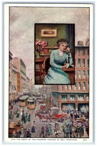 c1905 Into The Heart Shopping District By Bell Telephone, Trolley Cars Postcard