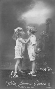 Photo Montage Little Adam and Eve Children Apple Daisy Flowers vintage postcard
