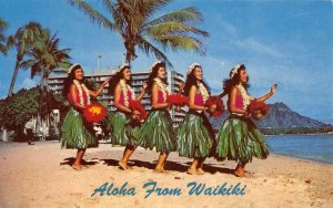 ALOHA FROM WAIKIKI Hula Dancers Hawaii Beach c1960s Vintage Postcard