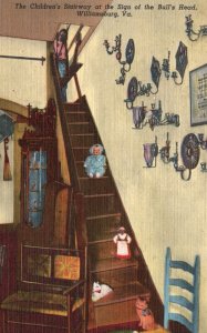 Vintage Postcard Children Stairway Sign Of The Bulls Head Williamsburg Virginia