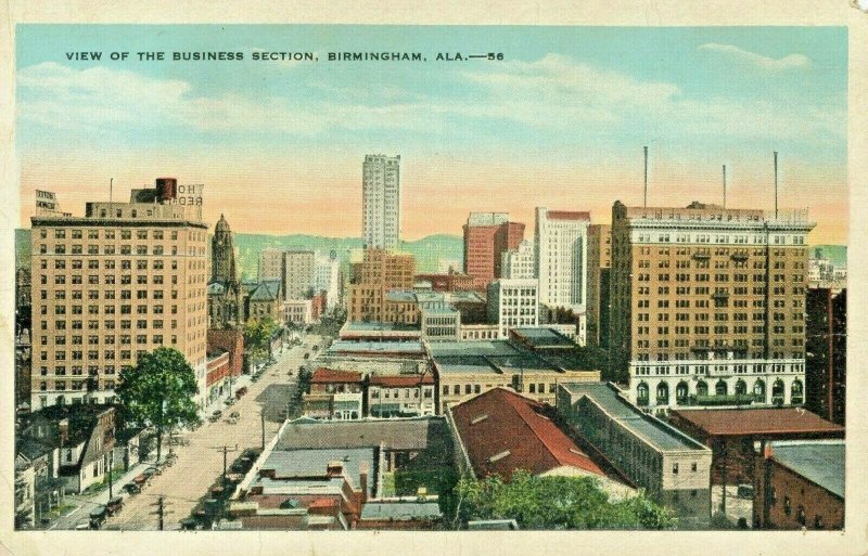 Postcard Birdseye View of Business Section in Birmingham, AL.      aa2