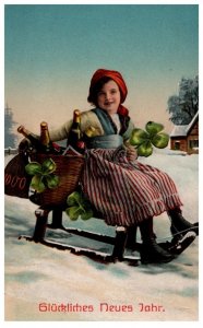 Children , New year Girl on Sled, Champagne bottles