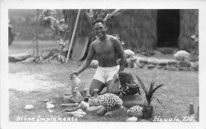 H14/ Hauula Hawaii Real Photo RPPC Postcard  c1930s Native Man Stone Tools