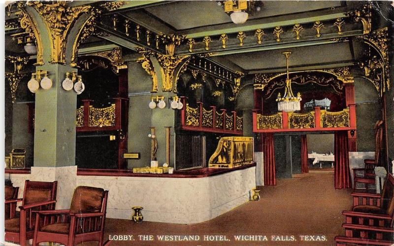 E47/ Wichita Falls Texas Tx Postcard c1910 Lobby Interior Westland Hotel