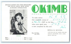 c1950's In Memory of Son and Junior Operator Beda Ham Radio Praha Postcard