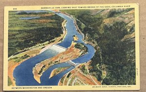 VINT UNUSED .01 LINEN POSTCARD BONNEVILLE DAM, COLUMBIA RIVER BTW WASH & ORE.