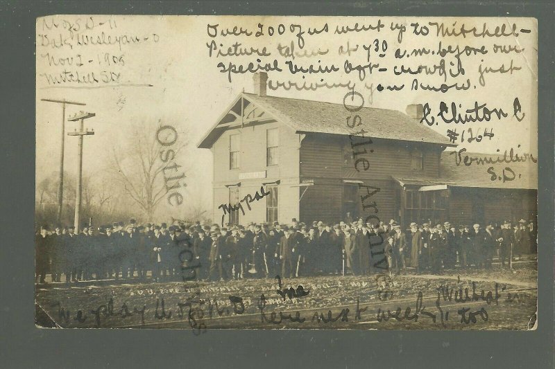 Vermillion SOUTH DAKOTA RPPC 1908 DEPOT Train FOOTBALL CROWD Mitchell Wesleyan