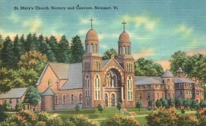 Vintage Postcard 1930's St. Mary's Church, Rectory and Convent Newport Vermont