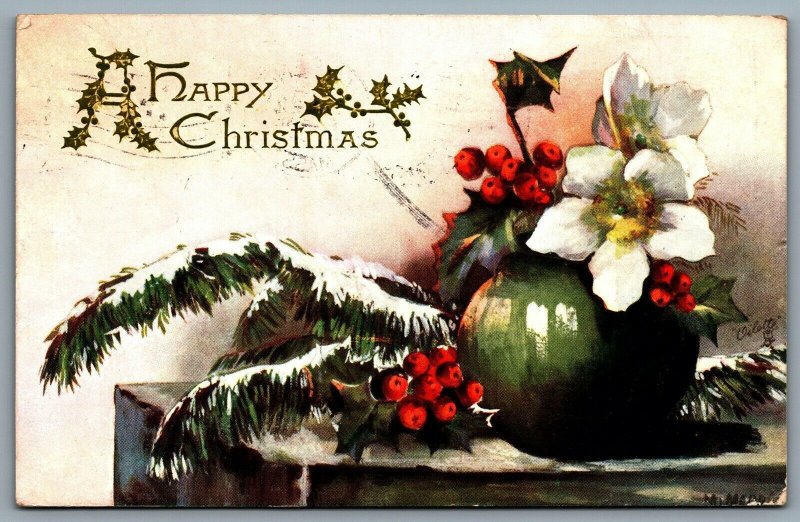 Postcard c1907 A Happy Christmas Tucks Oilette 9465 Holly Time CDS Flag Cancel