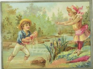 1880's Lovely Boy Saving Girl's Doll Iris Victorian Card P31