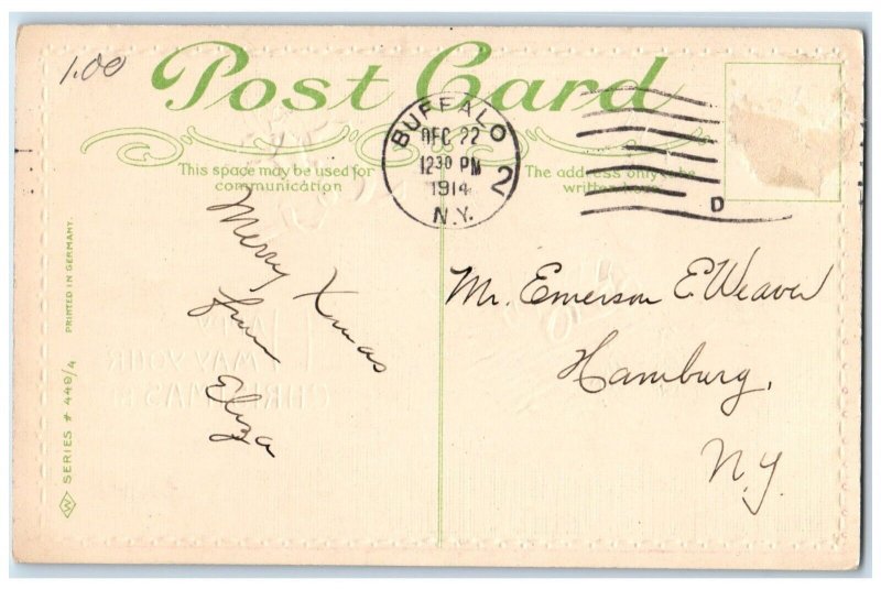 1914 Christmas Car Pine Trees Winter Snow Holly Berries Buffalo NY Postcard