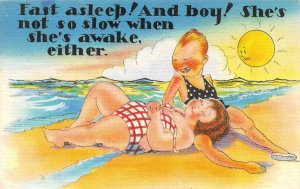 Naughty Comic  COUPLE ON BEACH  Fast Asleep! Not Slow When Awake!  1954 Postcard