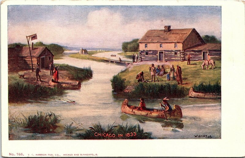Postcard~Chicago In 1833~Indians~Canoe~Widney~A96 