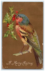 1910 Christmas Bird With Holly Berries Embossed Melrose Nebraska NE Postcard