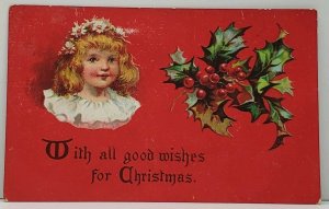 Good Wishes for Christmas Bright Red Embossed Postcard G16