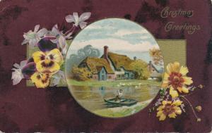 Christmas Greetings - Pansies and Thatched Roof Homes - pm 1908 Charlotte NY DB