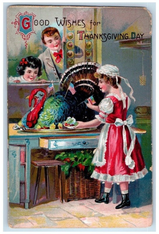 c1910's Thanksgiving Day Chef Designed Turkey Flag Embossed Antique Postcard