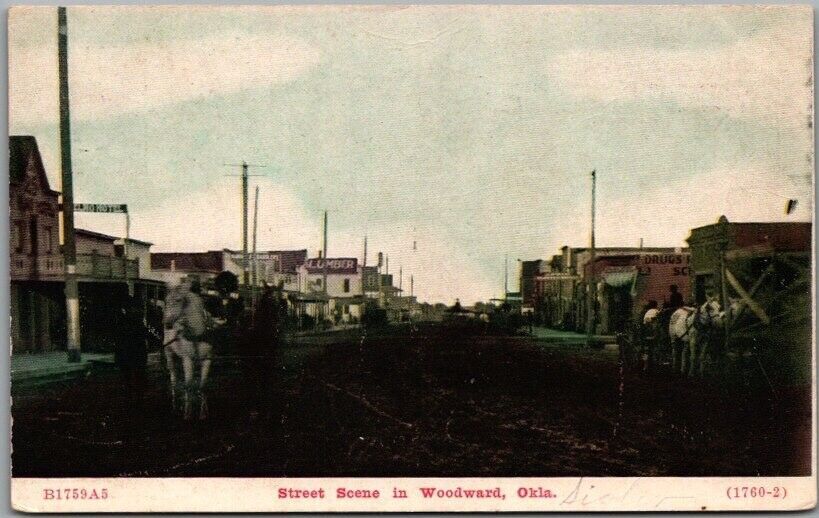 Vintage 1910s WOODWARD Oklahoma Postcard "Street Scene" Downtown / Horses Stores United States