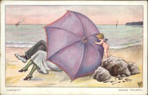 Curious Bare Butt Cupid Romance Lovers Under Beach Umbrella c1910 Postcard