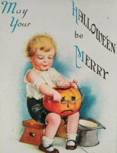 Vintage Halloween Postcard Ellen Clapsaddle Wolf 21 Girl Puts Glasses On Pumpkin 