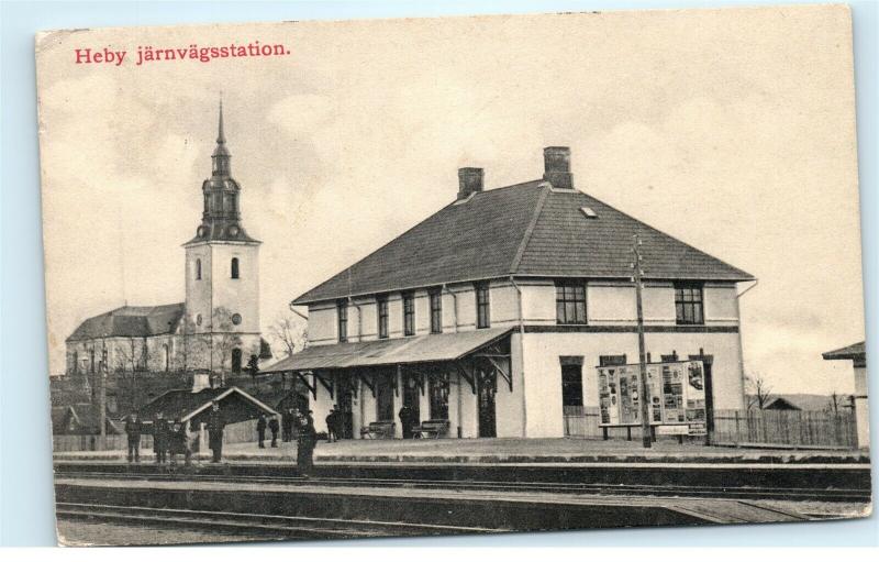Sweden Heby Jarnvagsstation Railroad Train Station Vintage Postcard D78
