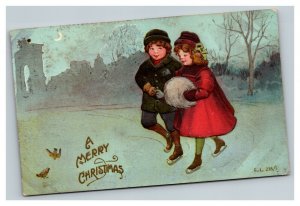 Vintage 1912 Christmas Postcard Cute Children Ice Skating on the Pond Gold Birds
