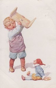 Child Smashing Punch & Judy Puppet Toy Disaster Violent Antique Postcard