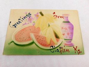 1907 Greetings From Claflin Kansas Embossed Airbrushed Fruit Lovely Postcard P29