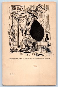 1910 Humor Man Cooking Bird Cold Bottle Who Cares For Shower Seattle WA Postcard