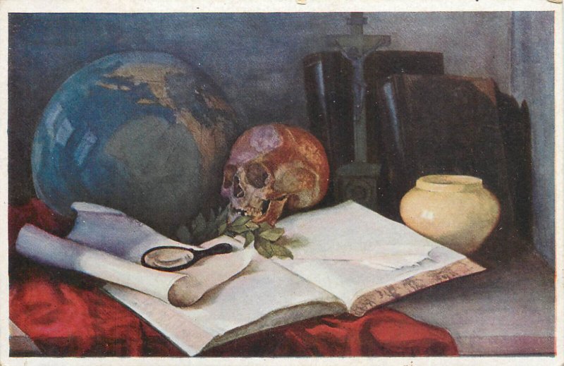 Still life with skull globe books & magnifier glass artist Stepanek old postcard