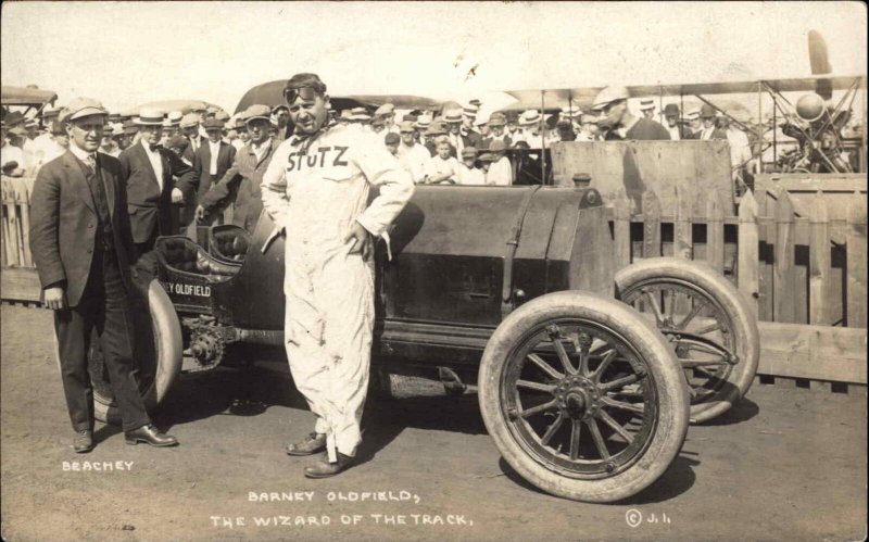 Aviator BARNEY OLDFIELD LINCOLN BEACHEY Auto Racing Race Car Real Photo Postcard