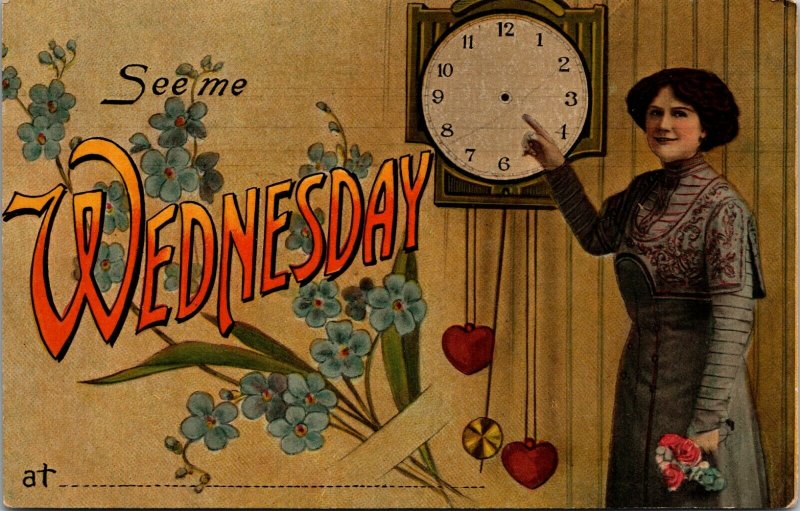 RARE - OLD VINTAGE - SEE ME WEDNESDAY - VINTAGE POSTCARD - PC - CLOCK