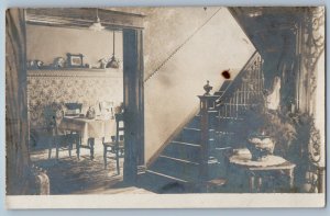 c1905 House Interior Parlor Staircase Dining Table RPPC Photo Antique Postcard
