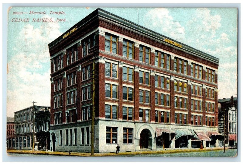 1907 Masonic Temple Exterior Roadside Cedar Rapids Iowa IA Posted Shops Postcard