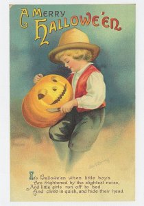 Boy Carving Knife Antique Pumpkin Merry Halloween Postcard